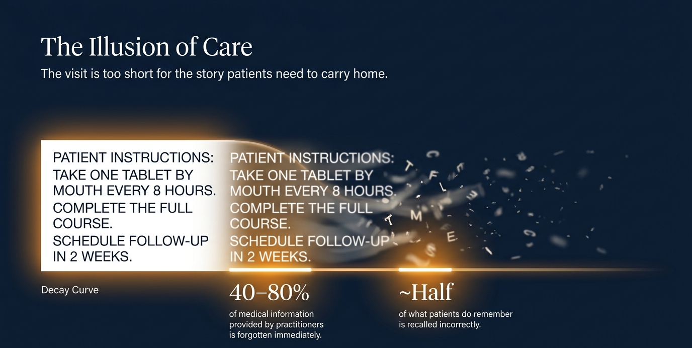 Illustration of patient instructions fading after a medical visit, with recall statistics.