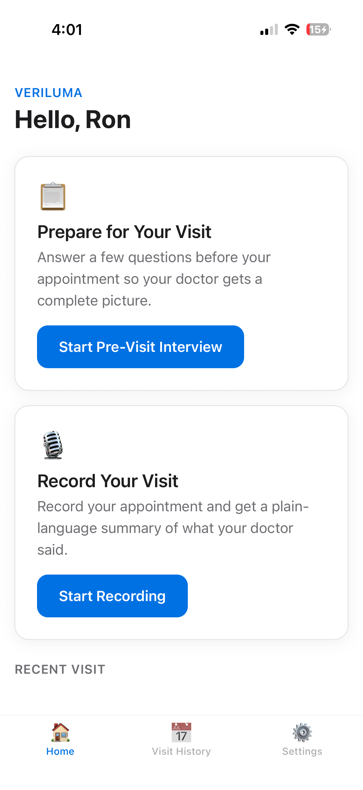 Veriluma app home screen